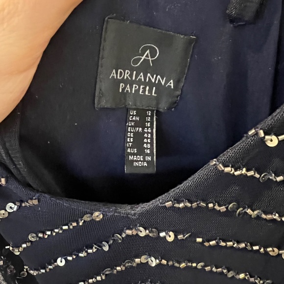 Adrianna Papell Art Deco Beaded Blouson Navy Full Length Formal Gown - Picture 11 of 14